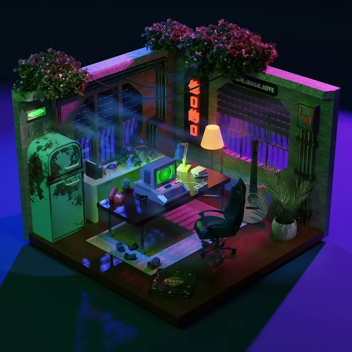 An isometric room with plants and neon