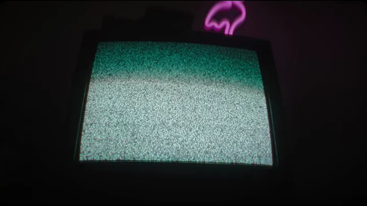 TV static under a neon flamingo